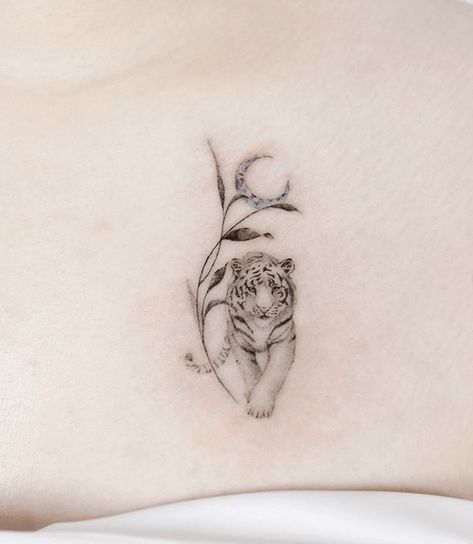 Small Big Cat Tattoo, Tiger Neck Tattoo For Women, Simple Tiger Tattoo For Women, Tattoos Of Tigers, Tigress Tattoo For Women Small, Japanese Tiger Tattoo Women, Wild Cat Tattoo For Women, Small White Tiger Tattoo, Minimal Tiger Tattoo For Women