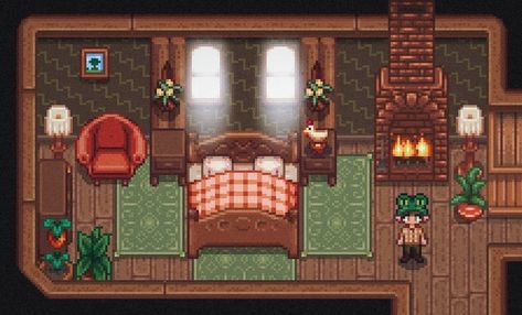 My main character's cosy little bedroom ☆ Stardew Valley Bedroom Design, Stardew Farms, Stardew Valley Layout, Stardew Valley Tips, Stardew Valley Farms, Valley Game, Stardew Valley Fanart, Farm Layout, Farm Games