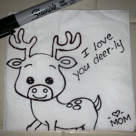 Deer I love you deer-ly lunchbox note Husband Lunch Notes, Lunch Notes For Husband, Sticky Note Drawings Cute, Cute Lunch Notes, Napkin Doodles, Lunchbox Doodles, Lunch Jokes, Card Puns, Notes For Kids Lunches