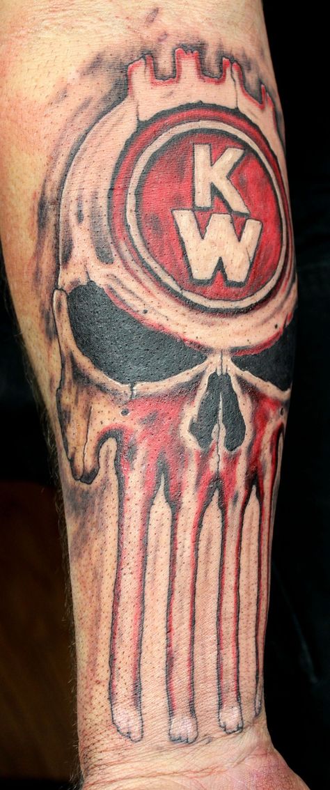 Kenworth logo punisher skull tattoo semi truck black and grey color done by Holy roller tattoo of N. Idaho Punisher Tattoo Ideas, Old Truck Tattoo, Punisher Skull Tattoo, Trucker Tattoo, Fire Truck Cupcakes, Punisher Tattoo, Tattoo Pin Up, Truck Tattoo, Toy Fire Trucks