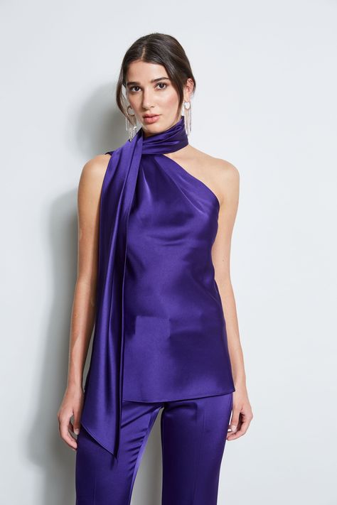 Satin Formal Top, Women Satin Shirt, Purple Satin Outfit, Satin One Shoulder Top, Plum Top Outfit, One Shoulder Scarf Top, Satin Top Outfit, Satin Shirts For Women, Appliqué Work