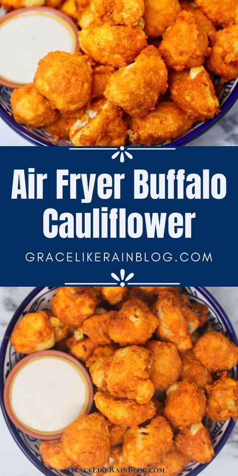 Air Fryer Buffalo Cauliflower is a crunchy air fryer appetizer that tastes just like Buffalo Chicken Wings. If you like spicy snacks, you're going to love this easy air fryer recipe. It's a healthy air fryer recipe too! We're breading fresh cauliflower florets and tossing them in Panko bread crumbs then air frying them. Next, we're coating them in Sweet Baby Ray's buffalo wing sauce for a spicy finish. | Air Fryer Buffalo Wing Cauliflower | air Fryer vegetables | Air Fried Cauliflower Air Fryer Buffalo Cauliflower, Buffalo Cauliflower Recipes, Buffalo Cauliflower Bites, Buffalo Cauliflower, Low Carb Side Dishes, Cauliflower Bites, Air Fryer Recipes Chicken, Low Carb Sides, Dish Ideas