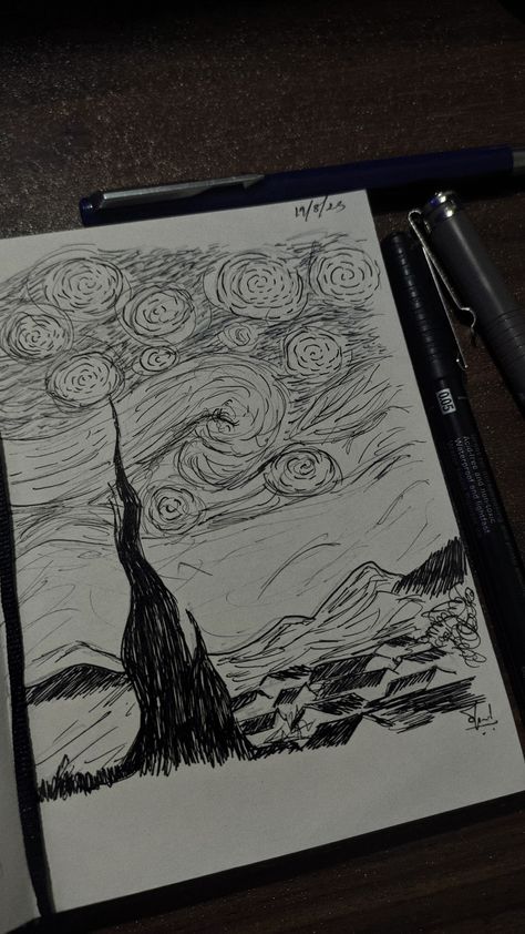 Starry Night Sketch, Night Sky Sketch, Sky Sketch, Landscape Drawing Easy, Sketchbook Idea, Night Sketch, Simple Landscape, Journal Idea, Pen Art Drawings