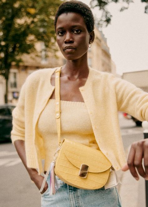 Pale Yellow Outfit, Sezane Gaspard, Knit Two Piece Set, Yellow Cardigan, Yellow Skirt, Butter Yellow, Yellow Knit, Birthday Dinner, Women Pink