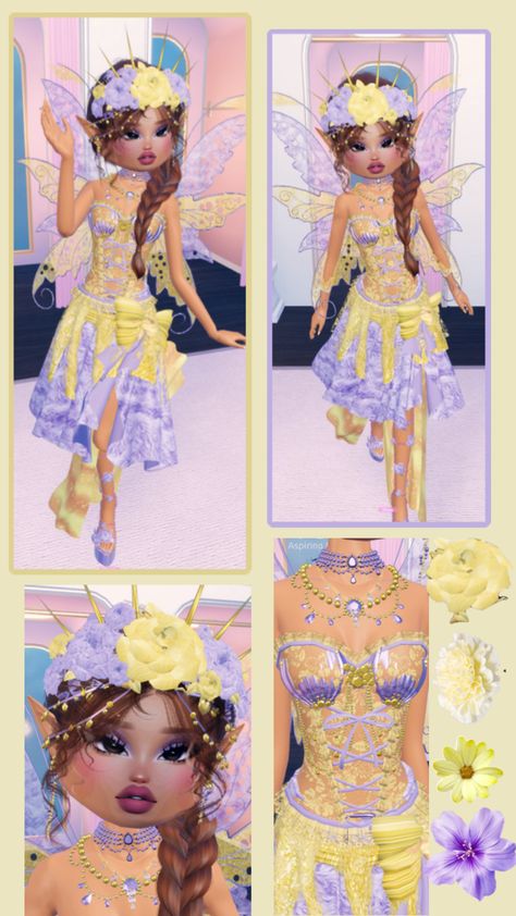 #dresstoimpress #fairy #mythicalcreature #purpleandyellow Fairytale Dti Outfit, Fairy Outfit, Dti Hacks, Fairy Clothes, Dti Outfits, Drama Total, Purple And Yellow, Roblox Outfits, Themed Outfits