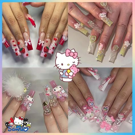 40 Style Hello Kitty Nails Charm Wearing Armor Y2K False Nail Europe America Handmade Press On Nails Nails Charm, Kitty Nails, Hello Kitty Nails, Pink Hello Kitty, Cat Nails, Nail Charms, Dream Lifestyle, False Nail, Long Nails