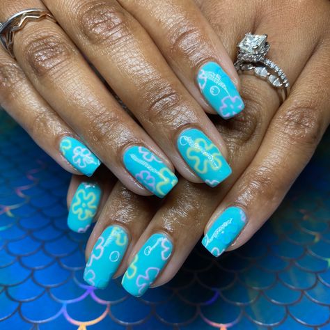 Spongebob Sky Nails, Spongebob Nails Designs, Sponge Bob Nails, Spongebob Nails, Glossy Nails, Overlay Nails, Sky Nails, Blush Nails, Short Nail