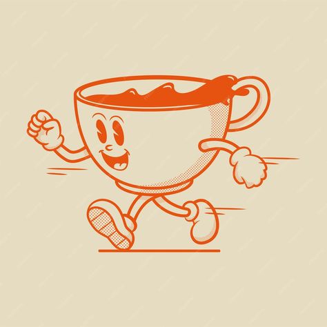 Premium Vector | Coffee cup character, retro mascot character Cute Retro Illustration, Coffee Cup Vector Illustration, Retro Coffee Illustration, Coffee Character Illustration, Coffee Cup Character, Retro Coffee Logo, Coffee Character Design, Creative Character Design, Drink Character