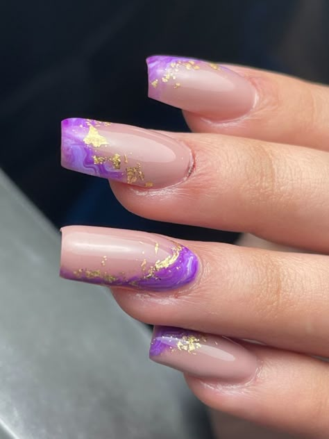 Nails, Marble Nails, Nail Inspo Nails That Go With A Purple Dress, Marble Nails Inspiration, Purple And Gold Prom Nails, Rapunzel Inspired Nails, Marble Nails With Gold Flakes, Purple And Gold Nails Designs, Purple Gold Nails, Nail Designs Gold, Nails Gold Flakes