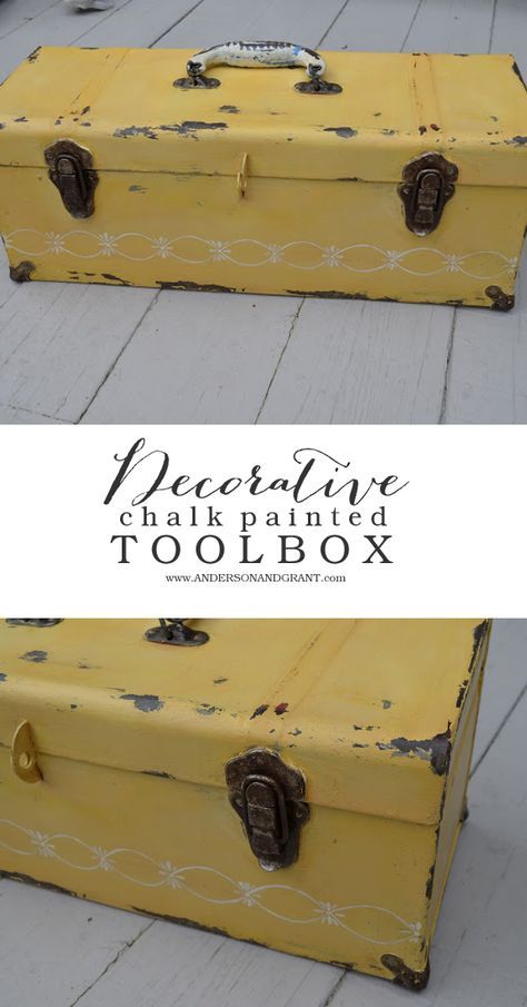 Using chalk paint, a beat up tool box is transformed into a decorative display piece. Metal Tackle Box Repurposed, Tool Box Makeover, Tool Box Ideas, Old Tool Boxes, Tool Box Diy, Metal Tool Box, Using Chalk Paint, Tool Boxes, Antique Tools