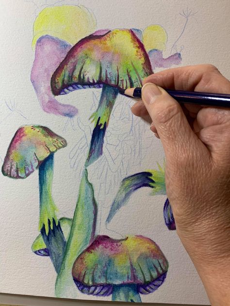 Shroom Art, Derwent Inktense Pencils, Inktense Pencils, Watercolor Pencil Art, Derwent Inktense, Colored Pencil Techniques, Watercolor Paintings Easy, Mushroom Art, Coloured Pencils