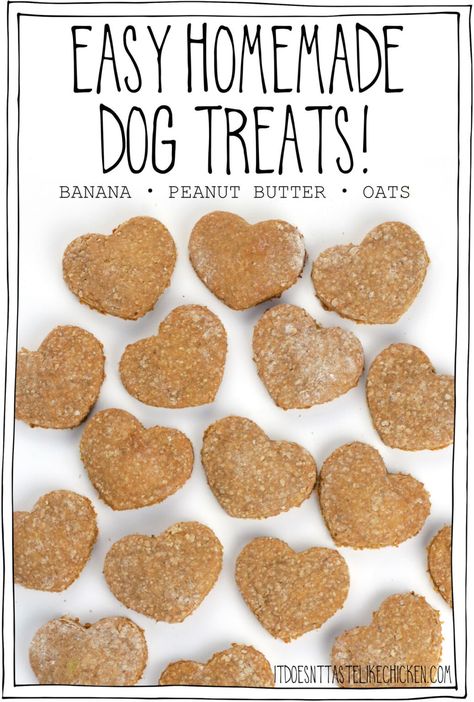 Easy Homemade Dog Treats are made with just 3 ingredients! All it takes is banana, peanut butter, and oats and you can make these cute cookies for your pup, or for a doggy friend of yours. Not only are these easy to make, but they are so much more affordable than store-bought treats and dogs LOVE them! #itdoesnttastelikechicken #dogrecipes Dog Treats Made With Bananas, Banana Oat Dog Treats, Peanut Butter Oat Dog Treats, Famous Banana Bread Recipe, Easy Homemade Dog Treats, Homemade Dog Treat Recipes, Pup Treats, Soft Dog Treats, Dog Treats Homemade Easy