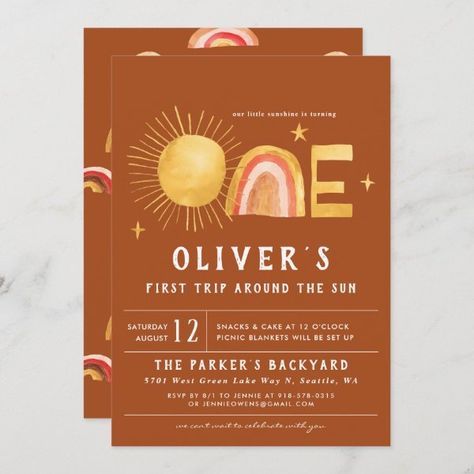 First Trip Around The Sun | 1st Birthday Party Invitation Sun 1st Birthday Party, Palette Summer, Summer Birthday Invitations, Happy Energy, Soft Ombre, First Trip Around The Sun, Summer Sunrise, Terracotta Color, 1st Birthday Party Invitations