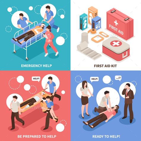 First aid isometric design concept with emergency help, people ready to assistance, medical kit isolated vector illustration First Aid Poster, Tourist Map, Isometric Design, Medical Kit, Life Poster, Esl Teaching, Applied Science, Flat Vector, Color Vector