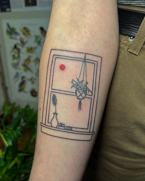 Cat Looking Out Window Tattoo, Window Frame Tattoo, Cat In Window Tattoo, Homemade Tattoos, Stick Tattoo, Tattoo Plant, Evil Eye Tattoo, Framed Tattoo, Birthday Tattoo