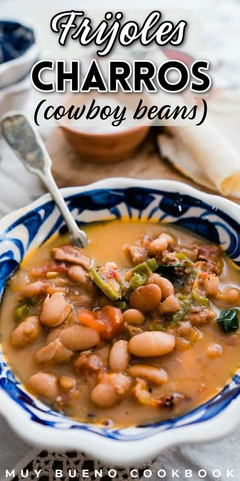 These frijoles charros also known as cowboy beans are flavored with smoky bacon, onions, garlic, fire-roasted diced tomatoes, and jalapeño slices. They can be made in a slow cooker, in a dutch oven on the stovetop, or in the magical Instant Pot. These delicious cowboy beans are a must-try for adults and kids alike! Great for a weeknight dinner or for potlucks, this delicious side dish is sure to be a new family favorite. Try it today! Bueno Recipes, Cookout Dishes, Pinto Bean Recipes, Cowboy Beans, Latino Food, Authentic Mexican Recipes, Mexican Dish, Quick Lunch, Diced Tomatoes