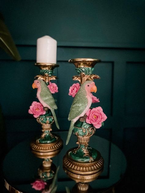 Pink Art Deco Bedroom, Maximalist Bedroom, Gold Candelabra, Kitsch Art, Bohemian Luxe, Parrot Perch, Unusual Home, Pink Tropical, The Eden