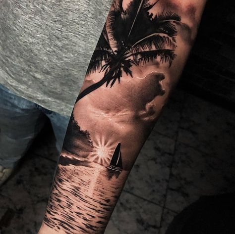 Beach Sunset Tattoo, Strand Tattoo, Sunset Tattoo, Tropical Tattoo, Hawaii Tattoos, Sunset Tattoos, Skull Sleeve Tattoos, Omerta Tattoo, Back Of Shoulder Tattoo