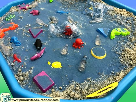 Recycling Tuff Tray, Earth Day Tuff Tray Ideas, Mermaids Eyfs, Ocean Pollution Activity, Sea Pollution, Pollution Activities, Ocean Lesson Plans, Tuff Tray Ideas, Coloured Sand