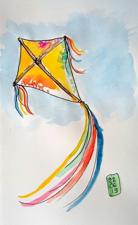 Kite Tattoo, Fly Drawing, Dibujos Toy Story, Kite Designs, Go Fly A Kite, Watercolor Paintings For Beginners, Diy Watercolor Painting, Kite Flying, Book Art Diy