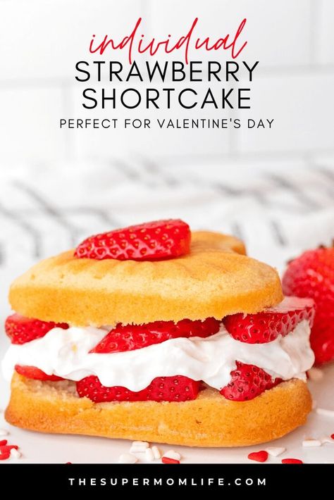 Strawberry Shortcake Heart Shaped Strawberry Shortcake, Heart Shaped Desserts, Individual Strawberry Shortcake, Heart Shaped Strawberry, Camping Dessert Recipes, Family Dessert Recipes, Strawberries And Whipped Cream, Box Cake Recipes, Strawberry Shortcakes