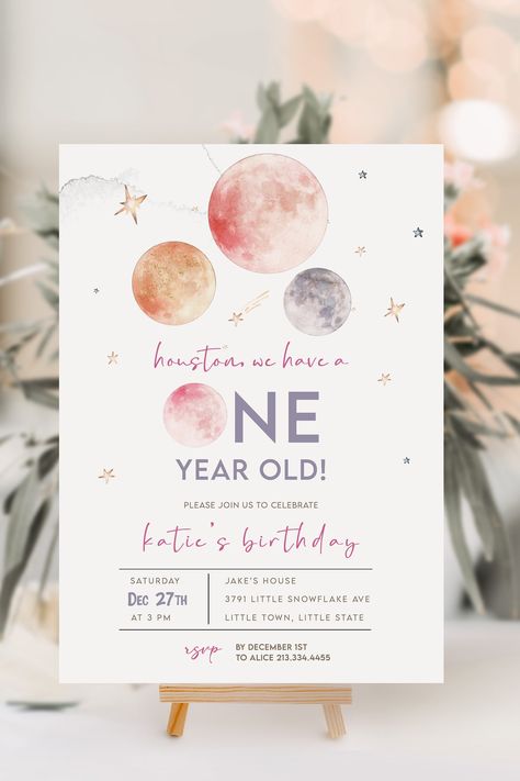 Excited to share this item from my #etsy shop: Editable Houston we have a One year old birthday Invitation, Outer Space Girl First Birthday Party, Pink Galaxy Invite - INSTANT DOWNLOAD One Year Old Birthday Invitations, Houston We Have A One Year Old, One Year Old Birthday Party Girl Theme, One Year Old Birthday Party Girl, Outer Space Birthday Invitations, Bunny Birthday Cake, Space Birthday Invitation, Girls Birthday Party Themes