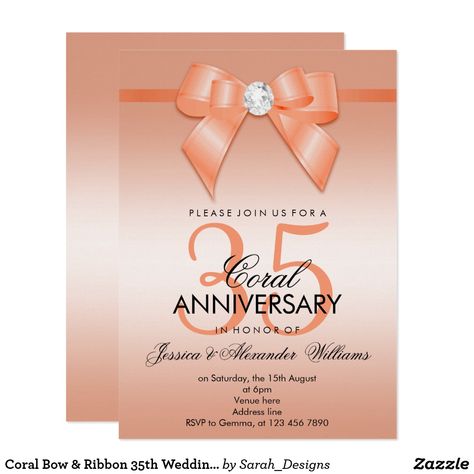 Coral Bow & Ribbon 35th Wedding Anniversary Invitation Coral Wedding Anniversary Ideas, Coral Anniversary Party, 35th Wedding Anniversary Ideas, 35th Wedding Anniversary Party Ideas, Coral Anniversary, 35 Year Anniversary, Coral Wedding Themes, Wedding Anniversary Party Invitations, Renewing Vows