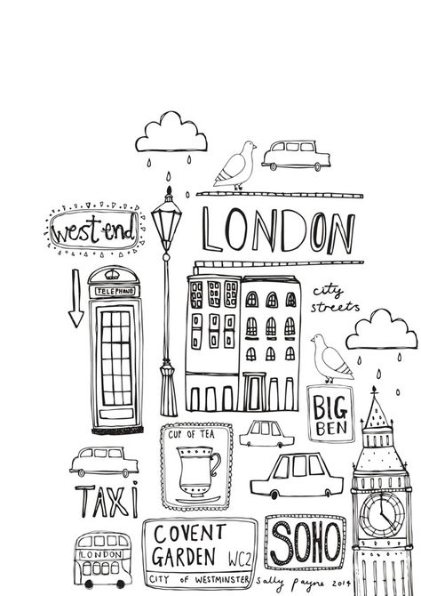 London Doodles, Sally Payne, London Drawing, Travel Doodles, Zestaw Ikon, Sketch Note, Arte Doodle, London Skyline, Sketch Notes