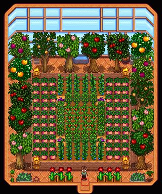 Stardew Valley Farm Layout Forest Multiplayer, Stardew Valley Early Farm Layout, Greenhouse Ideas Stardew Valley, Slime Stardew Valley, Stardew Valley Greenhouse Design, Greenhouse Layout Stardew Valley, Stardew Valley Forest Farm Design, Stardew Valley Forest Farm Ideas, Stardew Valley Meadow Farm