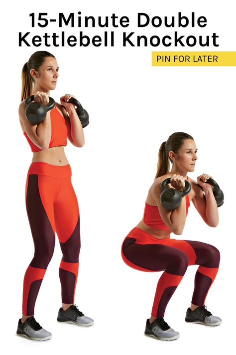 This 15-Minute Double Kettlebell Workout Will Sculpt Your Bod Fast Kettlebell Routines, Kettlebell Benefits, Kettlebell Abs, Kettlebell Deadlift, Kettlebell Challenge, Full Body Kettlebell Workout, Kettlebell Cardio, Kettlebell Circuit, 15 Minute Workout