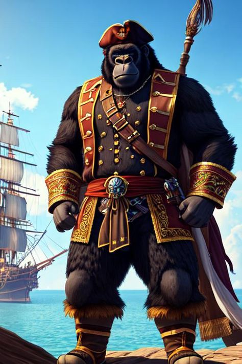 A pirate gorilla, dressed as a pirate, standing in front of a pirate ship https://apps.apple.com/us/app/genzart-ai-art-generator/id1669915100 Pirate Crew, Space Pirate, Art Generator, Pirate Ship, Fantasy Art, Quick Saves, Art