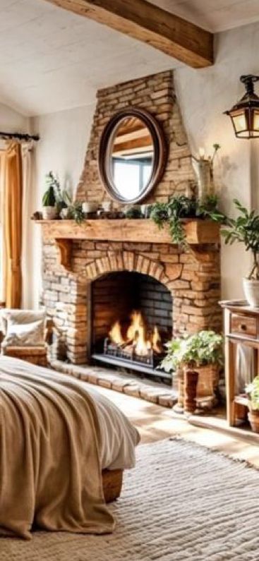 Brick Gas Fireplace Ideas, Fireplace Spanish Style, Corner Stone Fireplace Ideas, Rock Fireplace Makeover, Small Fireplace Ideas, Round Fireplace, Red Brick Fireplace, Corner Stone Fireplace, Rustic Stone Fireplace