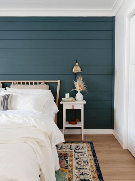 Transitional Bedroom With Teal Shiplap Accent Wall Coastal Bedroom Paint, Coastal Bedroom Paint Colors, French Country Paint Colors, Country Paint Colors, Shiplap Feature Wall, Modern Coastal Bedroom, Bold Paint Colors, Shade Ideas, Blue Accent Walls