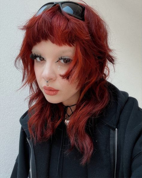 90s Red Hair Grunge Style, Mid Length Alternative Hair, Punk Hairstyles Long Hair, Shag Hair Dye Ideas, Wolfcut Micro Bangs, Micro Bangs Haircut, Black Hair Ginger Highlights, Wolf Cut Baby Bangs, Goth Shag Hair