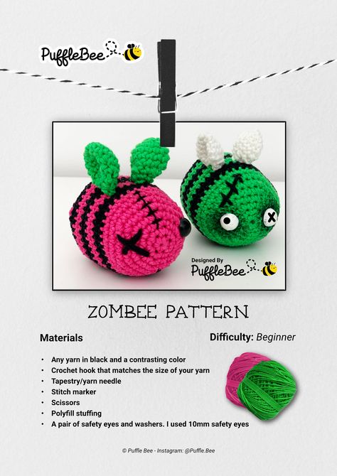 ♥ PLEASE NOTE THAT THIS IS A DIGITAL CROCHET PATTERN IN PDF FORMAT. IT IS NOT A FINISHED PRODUCT! ♥ You will receive a digital PDF file with the crochet pattern and photographs. This crochet pattern is written in English. It contains simple instructions with pictures to show you how to make this halloween amigurumi zombie bee. DIFFICULTY LEVEL Beginner ABBREVIATIONS ARE IN USA TERMS You'll need to know these basic stitches, plus how to change yarn color: * MR - Magic Ring * Sc - Single Crochet * Free Crochet Ball Pattern, Quick Fall Crochet Projects, Crochet Terms For Beginners, Crochet One Color, Plush Yarn Crochet Patterns Free, Bee Crochet Patterns Free, Crochet Boo Bee Free Pattern, Crochet Zombee Pattern Free, Crochet Halloween Bee Pattern Free