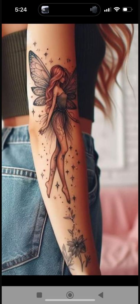 Fairy Tattoo Designs Unique, Fairy Sleeve Tattoo, Small Fairy Tattoos, Whimsical Tattoos, Feminine Tattoo Sleeves, Fairy Tattoo Designs, Beautiful Flower Tattoos, Forearm Tattoo Design, Petite Tattoos