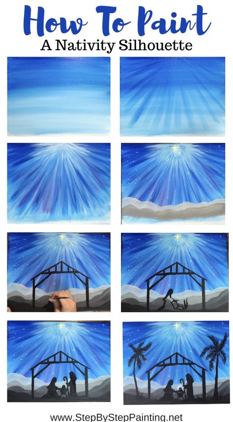 Nativity Silhouette Painting Painting For Beginners Tutorial, Nativity Painting, Nativity Silhouette, Christmas Paintings On Canvas, Nativity Christmas, Painting Christmas, Silhouette Painting, Canvas Painting Tutorials, Painting For Beginners