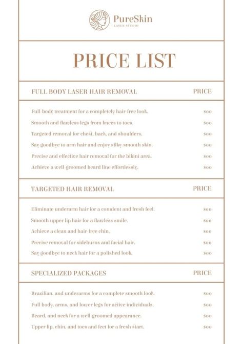 Minimalist Professional Laser Hair Removal Center Price List Price List Layout, Beard Line, Upper Lip Hair, Well Groomed Beard, Target Hair Products, Price List Template, List Template, Body Treatments, Laser Hair