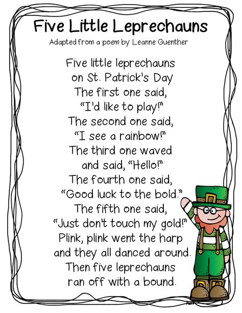 5 Little Leprechauns Song, March Poems For Kids, St Patty's Day Activities For Kids, St Patricks Day Songs, St Patricks Activities, March Lesson Plans, Sant Patrick, March Lessons, Classroom Songs