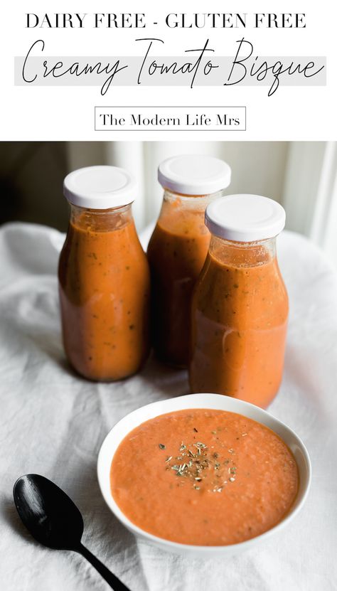 Hands down the most delicious dairy free tomato bisque! It's a staple in our house now and I freeze large batches so we have it on hand at all times. - The Modern Life Mrs Recipes Dairy Free Tomato Bisque, Dairy Free Bisque, Tomato Bisque Soup Dairy Free, Gluten Free Tomato Bisque Soup, Low Fat Dairy Free Recipes, Creamy Tomato Bisque, Dairy Free Tomato Soup, Cook Videos, Apartment Meals