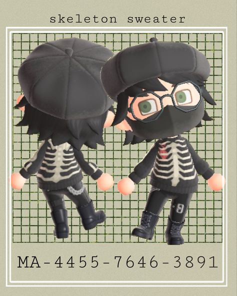 Emo Animal Crossing Designs, Emo Animal Crossing, Acnl Qr Codes Clothes, Acnh Outfit Code, Animal Crossing Clothing, Ac Outfits, Emo Designs, Skeleton Sweater, Creepy Animals