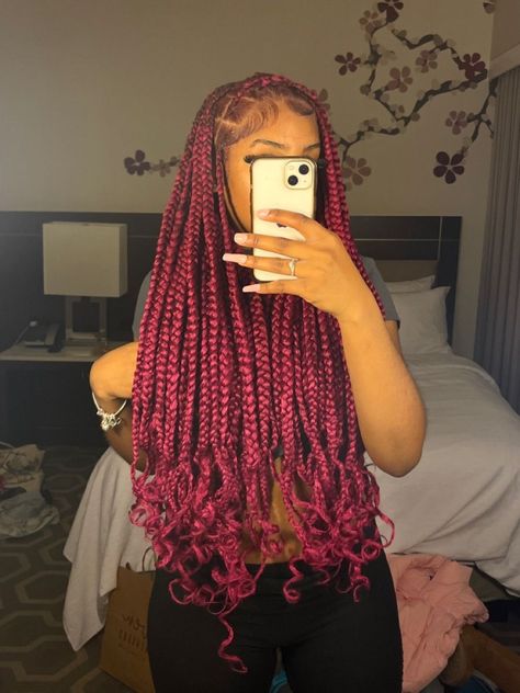 Colorful Goddess Box Braids, Burgundy Plaits Box Braids, Braided Hairstyles Burgundy, Red Protective Styles, Dark Pink Braids, Red Knotless Box Braids With Curly Ends, Dark Red Knotless Braids, Burgundy Hair Braids, Burgundy Knotless Box Braids