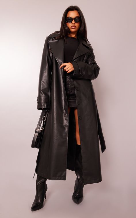 Black Leather Trench Coat Outfit, Thrift Lookbook, Long Leather Jacket Outfit, Leather Trench Coat Outfit, Leather Jacket Long, Long Leather Jacket, Trench Outfit, Black Leather Trench Coat, Faux Leather Trench Coat