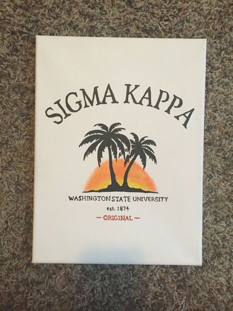 Sorority canvas: Sigma Kappa Malibu Fraternity Canvas Painting, Beach Sorority Canvas, Sorority Canvas Sigma Kappa, Sigma Kappa Aesthetic, Sigma Kappa Painting, Sigma Kappa Canvas Paintings, Sorority Canvas Ideas, Sigma Kappa Canvas, Sorority Letters Painted