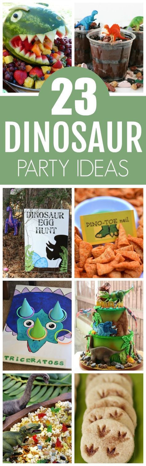 23 Roar-Some Dinosaur Birthday Party Ideas featured on Pretty My Party Dinosaur Birthday Party Ideas, Dinosaur Party Ideas, Dino Theme, Dinosaur Birthday Party Invitations, Dinosaur Party Supplies, Dinosaur Birthday Party Decorations, Dinosaur Birthday Cakes, Party Ideas For Kids, Dinosaur Party Favors