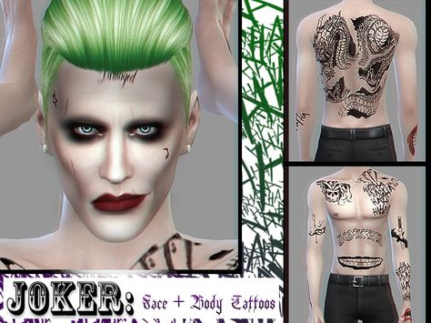 *Face + body tattoos  Found in TSR Category 'Sims 4 Sets' Sims 4 Male Tattoos, Tattoos Sims 4, Joker Face Tattoo, Crest Tattoo, Sims 4 Male, Male Tattoos, Sims 4 Tattoos, Joker Makeup, Sims 4 Cc Kids Clothing