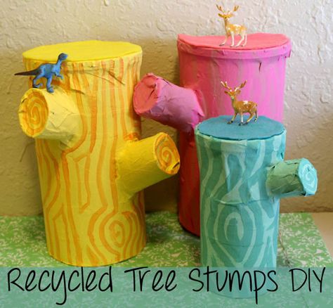 Cardboard tree stumps provide a fun indoor habitat for favorite plastic animals. Tree Stumps Diy, Canister Crafts, Weird Animals Vbs, Cardboard Tree, Oatmeal Container, Vbs Themes, Tree Stumps, Recycled Cardboard, Indoor Fun