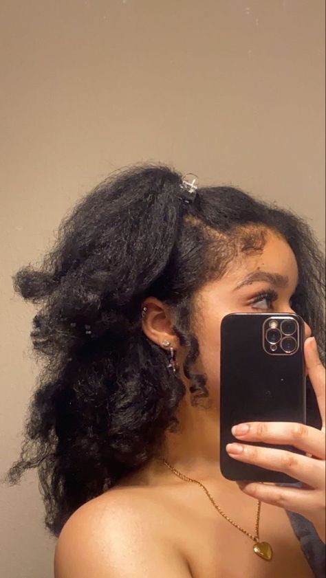 Hairstyle For Black Hair Natural, Curly Pig Tails Black Women, Blowdry Natural Hair Hairstyles, Natural Hair Bangs Hairstyle, Natural Black Woman Hair Styles, Natural Frizzy Hair Hairstyles, Stretch Natural Hairstyles, Blow Out Styles For 4c Hair, Hot Comb Hairstyles