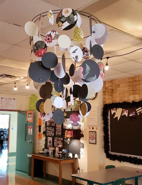 Classroom chandelier! Classroom Chandelier, Black And White Floral Pattern, Chandelier Black, Black And White Floral, Black Chandelier, Touch Of Gold, Baby Mobile, Floral Pattern, Ceiling