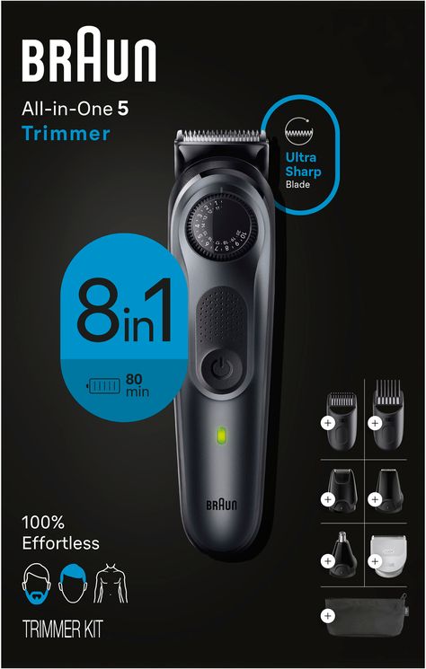 Braun Series 5 All-In-One Style Kit. For versatility and precision at home. With a beard, ear & nose trimmer, hair clippers and body groomer. Features the Precision Wheel with 40 length settings and ultra sharp blades. 80-minute cordless runtime. Includes: Plastic trimmer head, body groomer head, precision beard (0.5 mm - 10 mm) & hair (10.5 - 20 mm) combs, ear & nose trimmer head, detail trimmer head, mini foil shaver, travel pouch, zipper pouch. Box Content1x trimmer device incl plastic trimme Nose Trimmer, Moisture Wicking Socks, Photoshop Design Ideas, Sport Hair, Beard Trimmer, Plastic Trim, Trimmer For Men, Stretchy Headbands, Beauty Kit